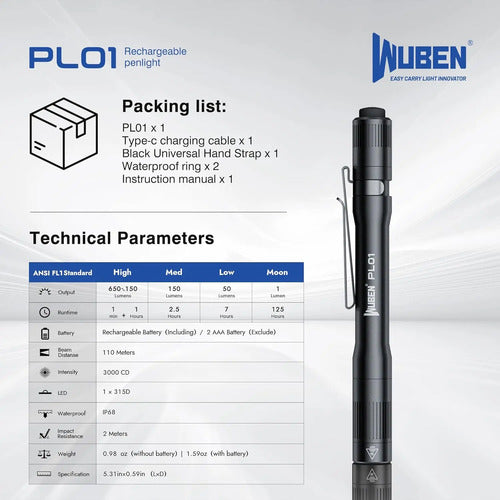 Lintern De Bolsillo Recargable Wuben Pl01, 650 Lúmenes Negro