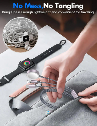 Cable De Carga Rápida 3 En 2 Para Apple Watch, iPhone Etc Gris