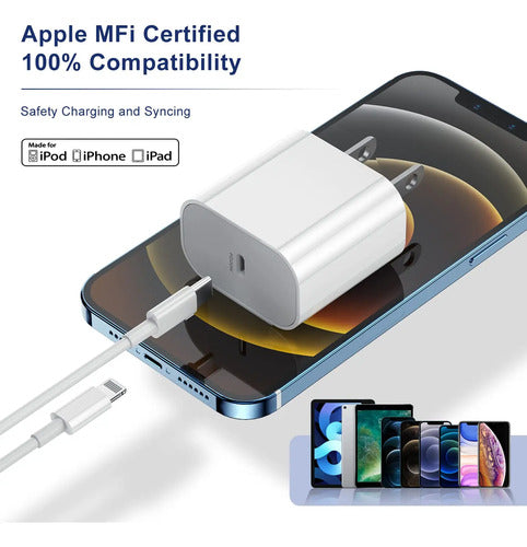 Cargador Rápido Para iPhone De 20 W. Cable Usb C A Lightning Blanco