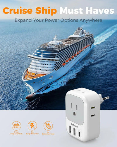 Adaptador De Viaje Europeo Usb C, Tessan Con 4 Enchufes