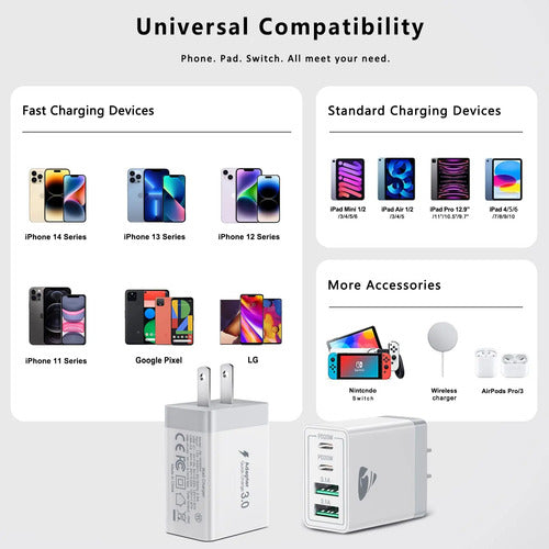 Paquete De 2: Cargador Usb-c De Pared De 40w Con 4 Puerto...