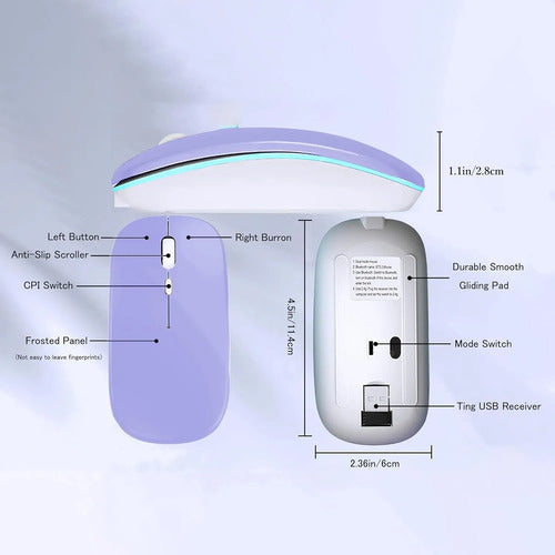 Mouse Inalámbrico Bluetooth Recargable Led Dual Mode Violeta