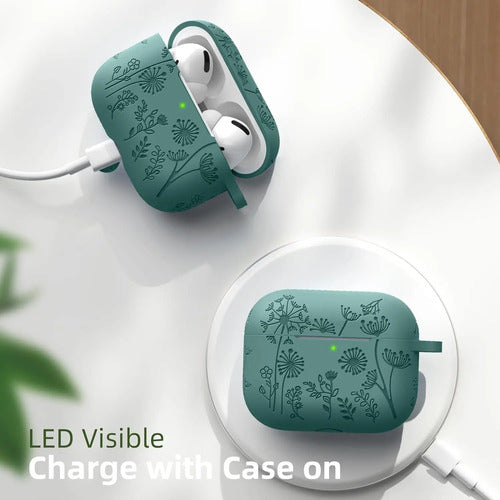 Funda De Silicona Lerobo Para AirPods Pro 2, Diseño Flora... Verde Oscuro