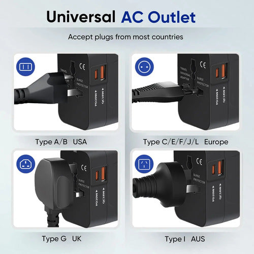Adaptador De Viaje Universal Con Carga Rápida Usb-c Y Usb-a