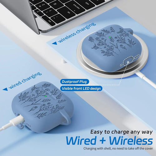 Funda Para AirPods 4, Silicona, Diseño Floral Azul