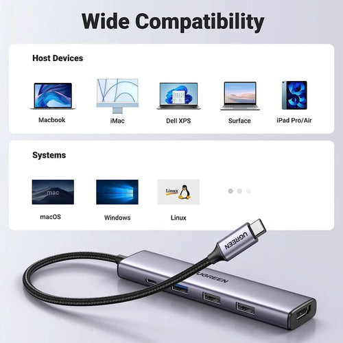 Adaptador Multipuerto Usb C Hub 5 En 1 Ugreen Gris