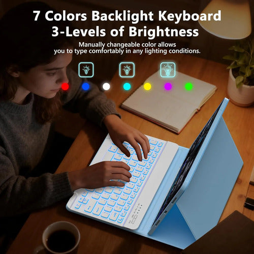 Funda Con Teclado Retroiluminado Para iPad Air Y Pro Azul Claro