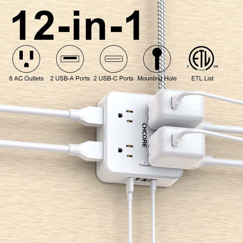 Protector De Energía Trenzado Con Entradas Usb De Marca X
