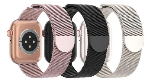Pack 3 Correas Metálicas Malla Para Apple Watch 38-49mm Rosa Chicle | Negro | Plateado 3.8 Cm