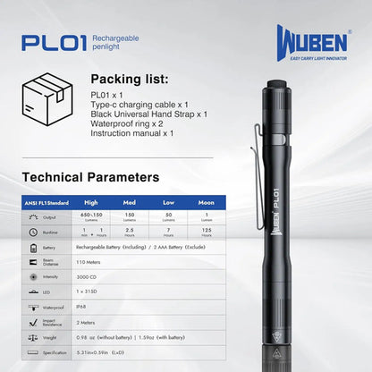 Lintern De Bolsillo Recargable Wuben Pl01, 650 Lúmenes Negro