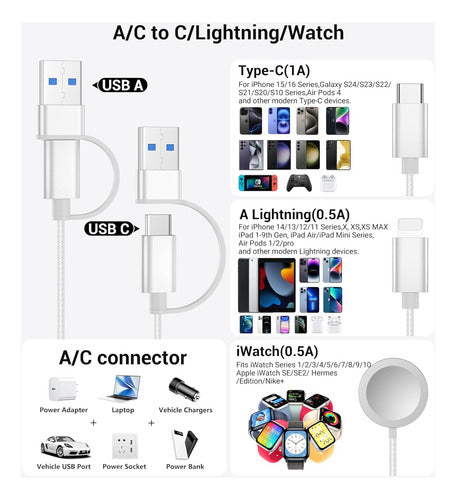 Cable De Carga 3 En 2 Temdan Para Apple Watch Y iPhone Blanco
