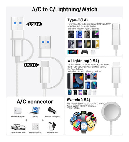 Cable De Carga 3 En 2 Temdan Para Apple Watch Y iPhone Blanco