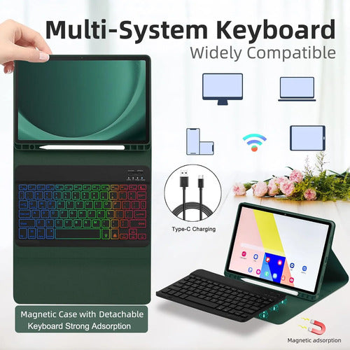 Funda Con Teclado Para Samsung Galaxy Tab A11+/a9. Verde Oscuro