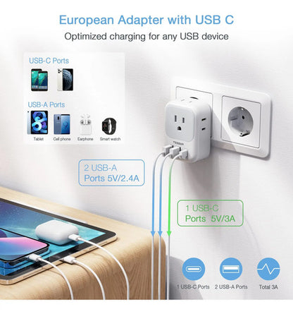 Adaptador De Viaje Universal Con 3 Puertos Usb Y Mas