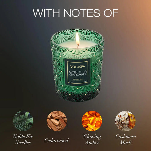 Vela Festiva Noble Fir Garland 185g De Voluspa Guirnalda De Abeto Noble Nombre Del Diseño Pomandro Dorado Y Hinoki
