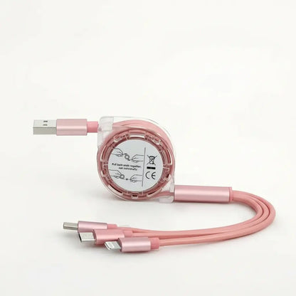Cable Usb Retráctil 3 En 1 Para Cargador De iPhone Y Otros Rosa