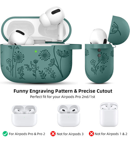Funda De Silicona Lerobo Para AirPods Pro 2, Diseño Flora... Verde Oscuro