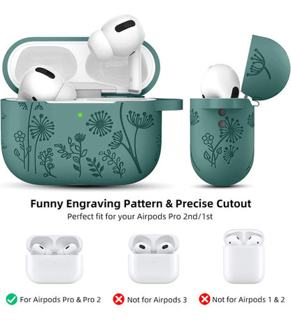 Funda De Silicona Lerobo Para AirPods Pro 2, Diseño Flora... Verde Oscuro