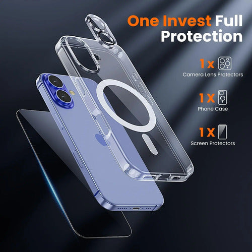 Set 3 En 1 Para iPhone 16, Funda Transparente Con Magsafe. Clear