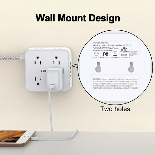 Protector De Energía Trenzado Con Entradas Usb De Marca X