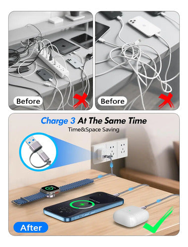 Cable De Carga Rápida 3 En 2 Para Apple Watch, iPhone Etc Gris