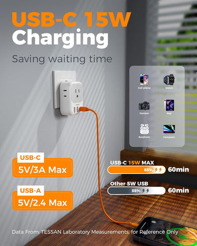 Adaptador De Viaje Europeo Usb C, Tessan Con 4 Enchufes