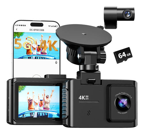 Cámara De Auto Dual 4k Con Wifi Y 64gb De Almacenamiento
