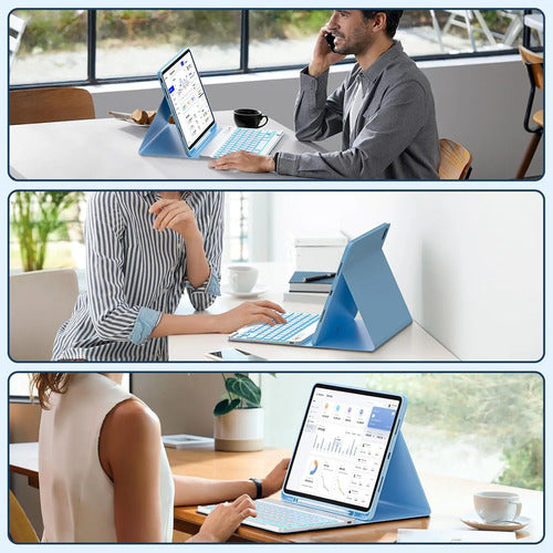 Funda Con Teclado Retroiluminado Para iPad Air Y Pro Azul Claro