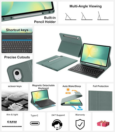 Funda Con Teclado Para Samsung Galaxy Tab S10 Lite/s10 Fe... Verde