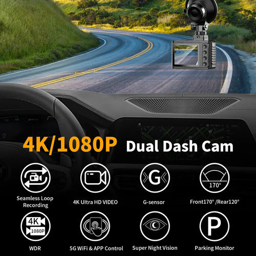 Cámara De Auto Dual 4k Con Wifi Y 64gb De Almacenamiento