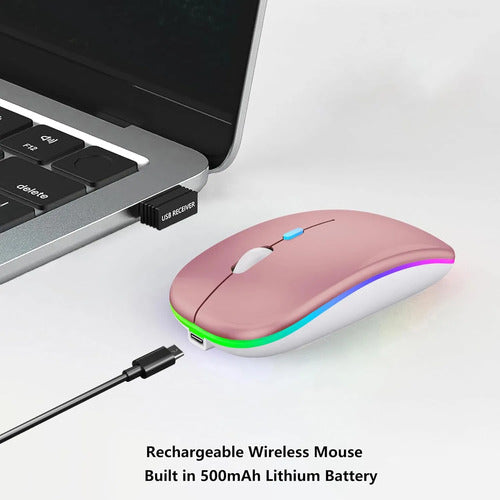 Mouse Inalámbrico Bluetooth Recargable Led Dual Mode Rosa