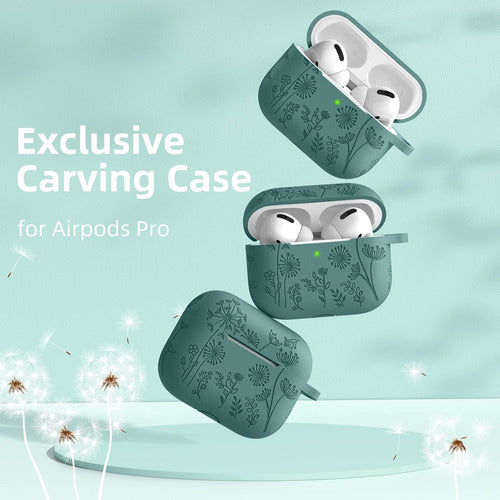 Funda De Silicona Lerobo Para AirPods Pro 2, Diseño Flora... Verde Oscuro