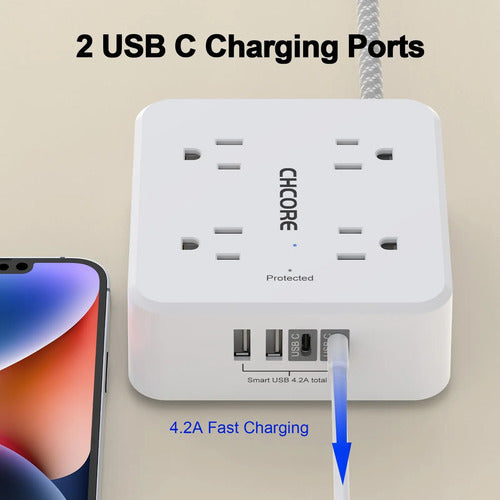 Protector De Energía Trenzado Con Entradas Usb De Marca X