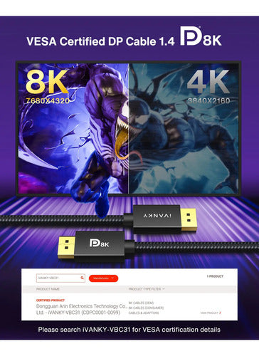 Cable Displayport 8k Vesa Certificado 1.4, 2