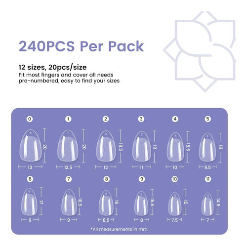 240pcs Almond Nail Tips Extra Short: Soft Gel, 12 Sizes, ...