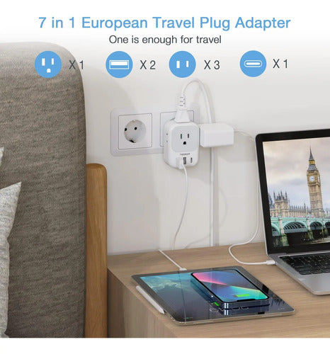 Adaptador De Viaje Universal Con 3 Puertos Usb Y Mas