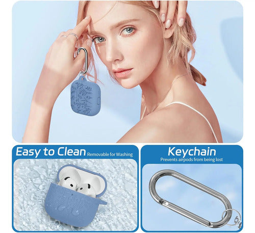 Funda Para AirPods 4, Silicona, Diseño Floral Azul