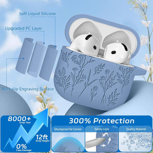 Funda Para AirPods 4, Silicona, Diseño Floral Azul