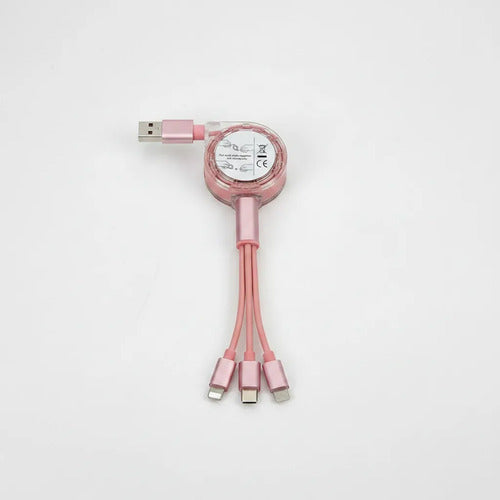 Cable Usb Retráctil 3 En 1 Para Cargador De iPhone Y Otros Rosa