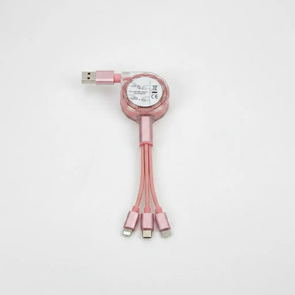 Cable Usb Retráctil 3 En 1 Para Cargador De iPhone Y Otros Rosa