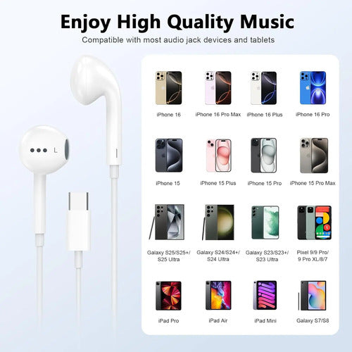 2 Pack Auriculares Usb C Con Micrófono Para iPhone 16 15 Blanco