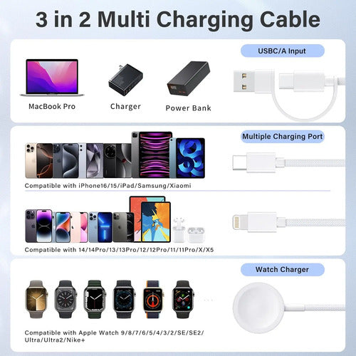 Cable De Carga 3 En 2 Usb C Para Apple Watch Y iPhone 4ft