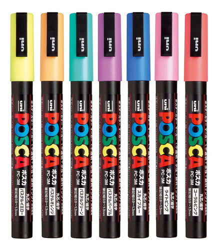 7 Marcadores Uni Posca Pc-3m De Punta Fina Colores Naturales Pastel Yellow, Pastel Orange, Pastel Green, Pastel