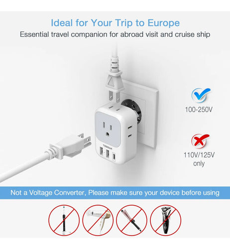 Adaptador De Viaje Universal Con 3 Puertos Usb Y Mas