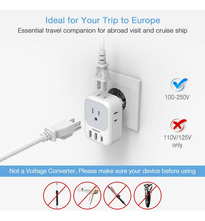 Adaptador De Viaje Universal Con 3 Puertos Usb Y Mas