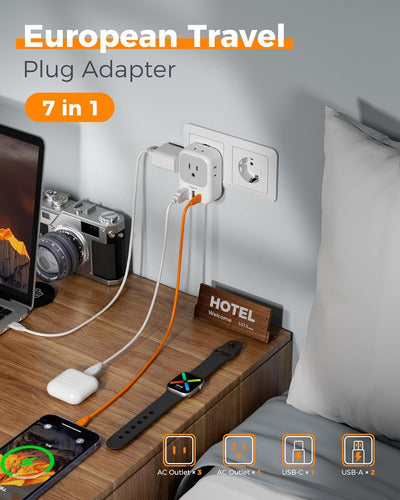 Adaptador De Viaje Europeo Usb C, Tessan Con 4 Enchufes