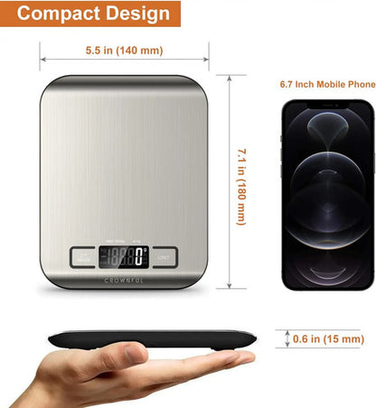 Balanza De Cocina Digital Crownful 5kg, Acero Inoxidable Plateado 5 Kg