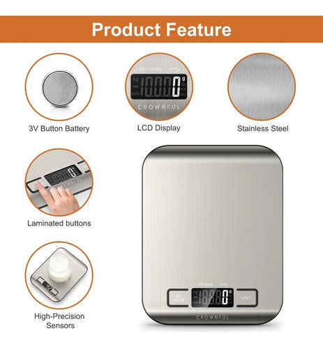 Balanza De Cocina Digital Crownful 5kg, Acero Inoxidable Plateado 5 Kg