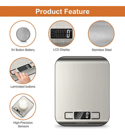 Balanza De Cocina Digital Crownful 5kg, Acero Inoxidable Plateado 5 Kg
