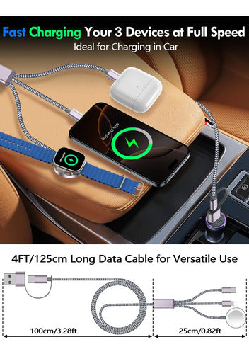 Cable De Carga Rápida 3 En 2 Para Apple Watch, iPhone Etc Gris